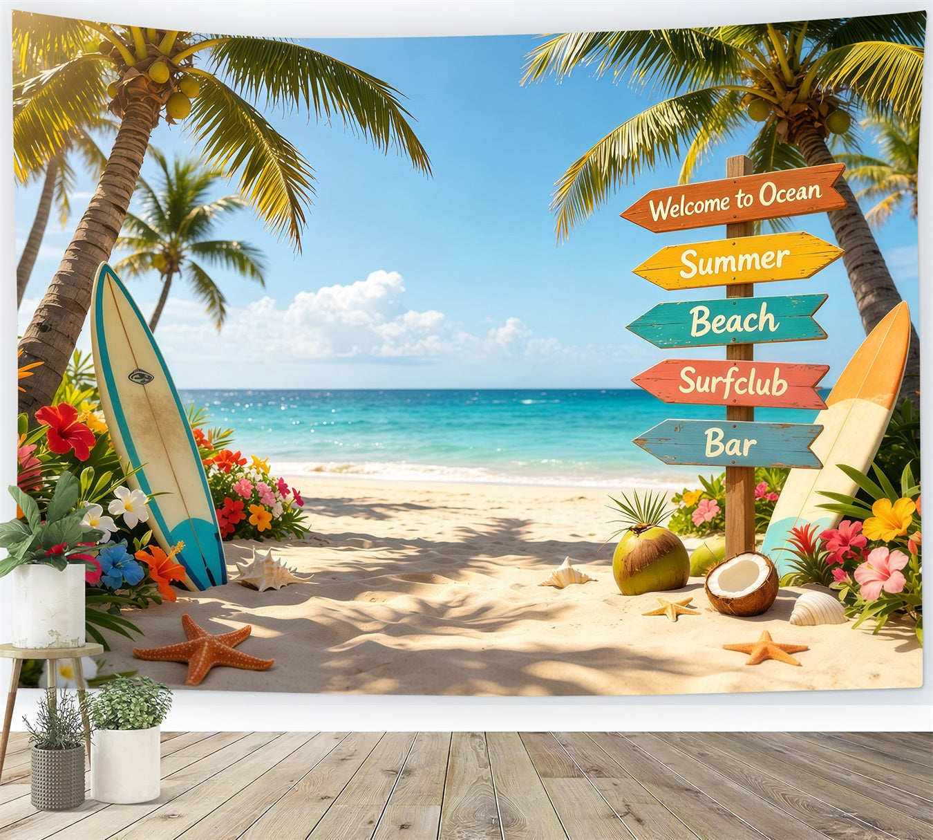 Strandkulisse, tropisches Schild, Surfbrett, Blume, Strand, Sommerkulisse – Ideen CSH64-91