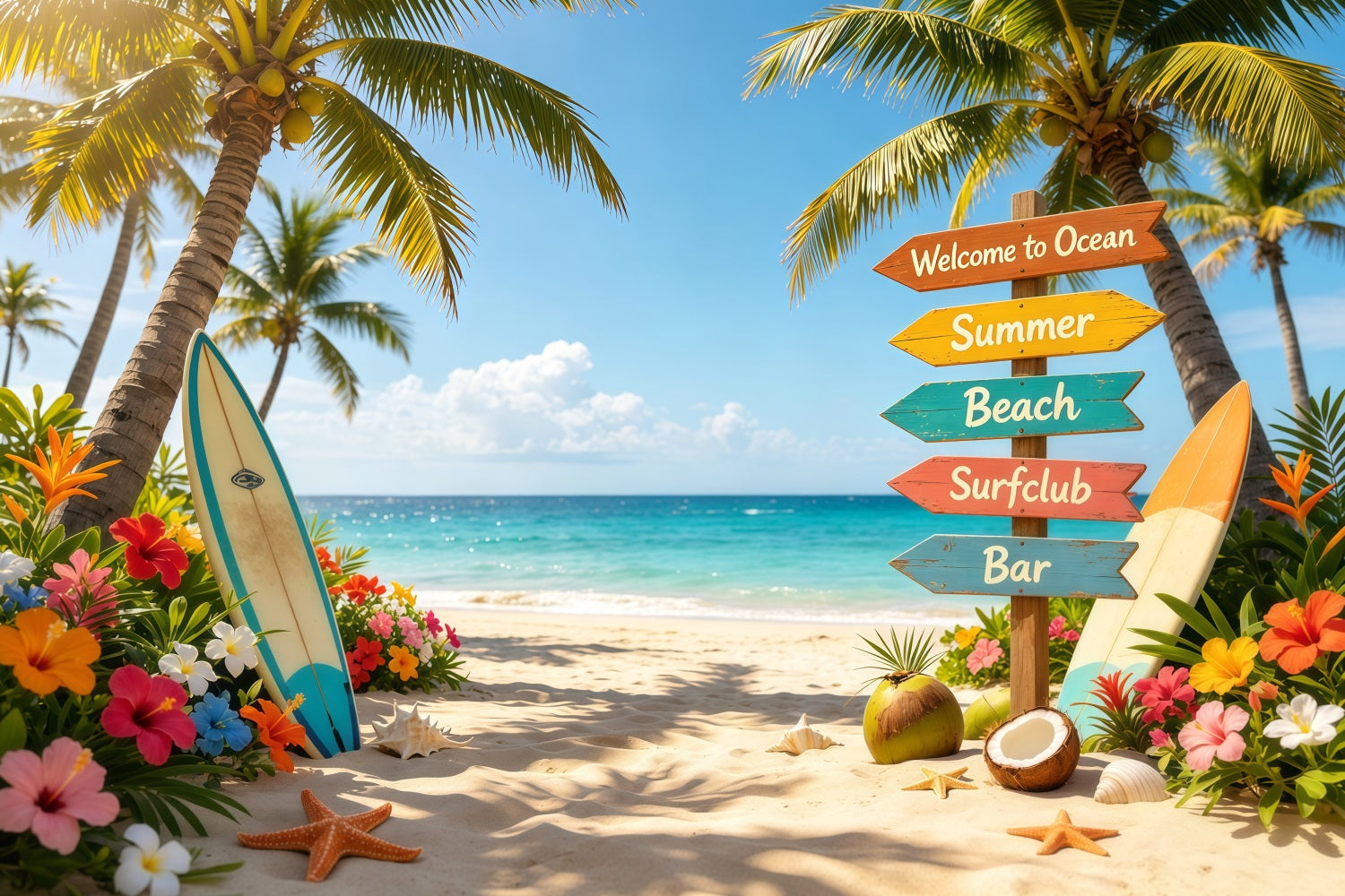 Strandkulisse, tropisches Schild, Surfbrett, Blume, Strand, Sommerkulisse – Ideen CSH64-91