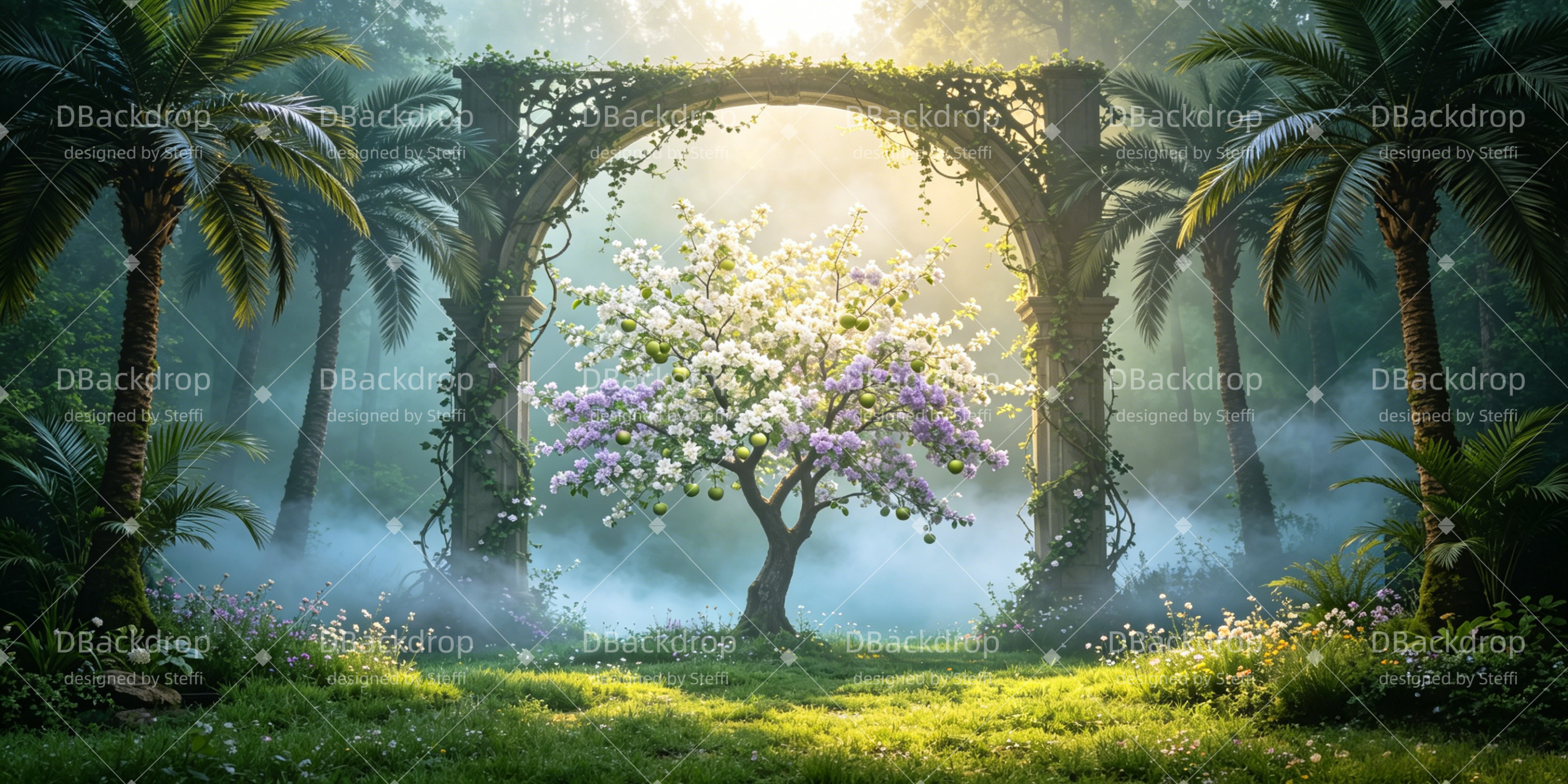 Garten Eden Kulisse Tropischer Gartenbogen mit blühendem Baum VBS Hintergrund CSH64-T10