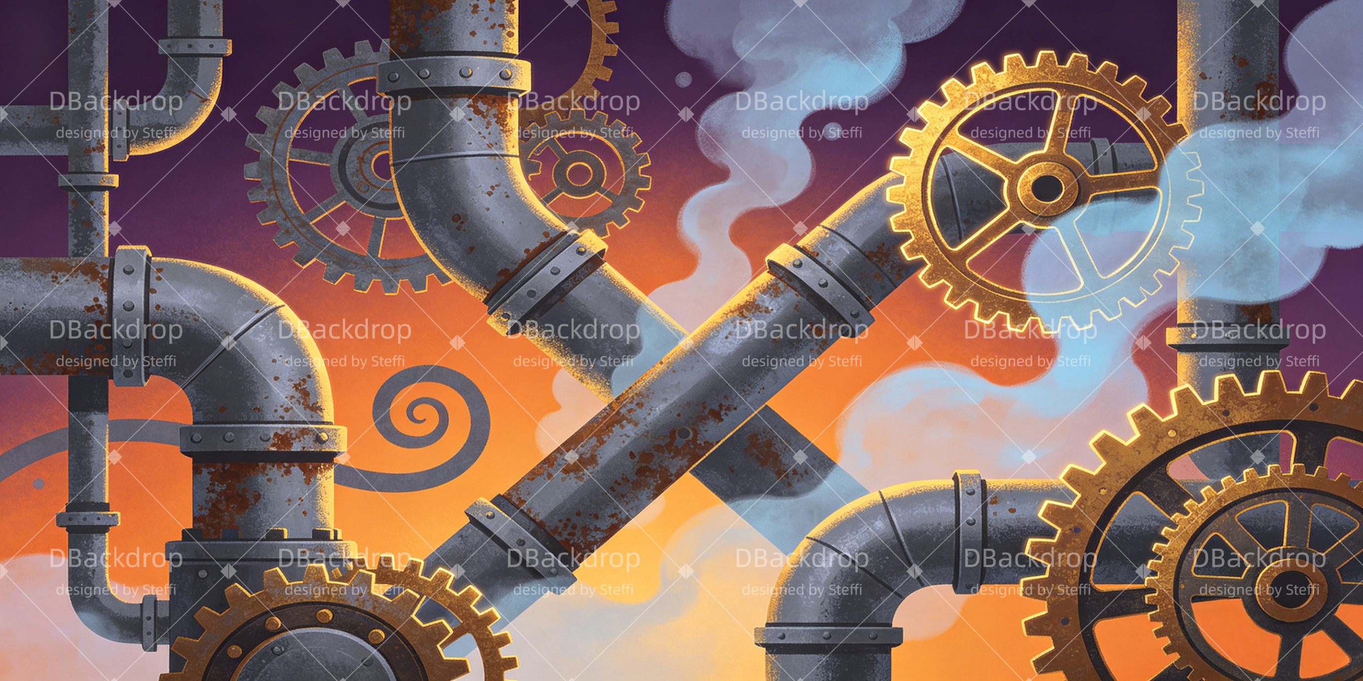 Steampunk Kulisse Rostige Dampfzahnräder und Rohrsysteme VBS Hintergrund CSH64-T7