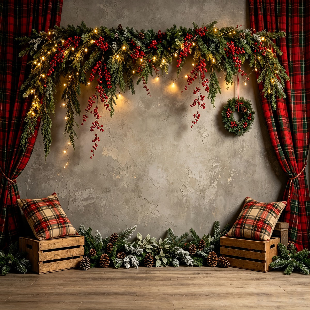 Weihnachtswand-Hintergrund Rustikale Wand Mit Karogirlande Weihnachtsfotohintergrund CSH68-60