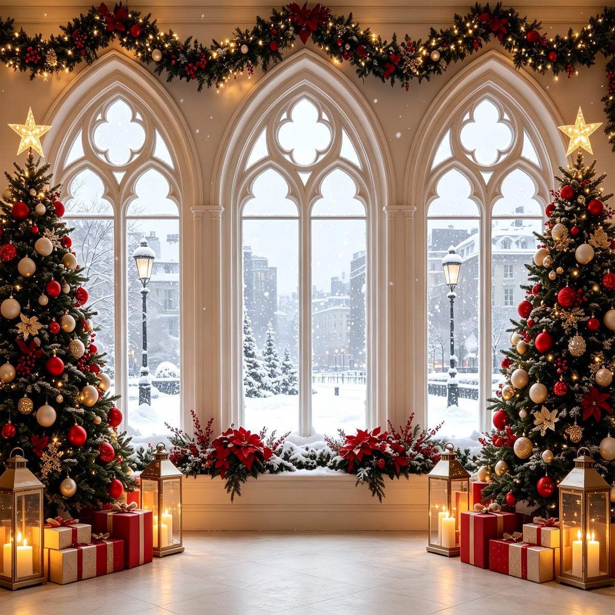 Weihnachtsfenster-Hintergrund Schneebedeckte Gotische Fensterbäume Große Weihnachtskulissen CSH68-61