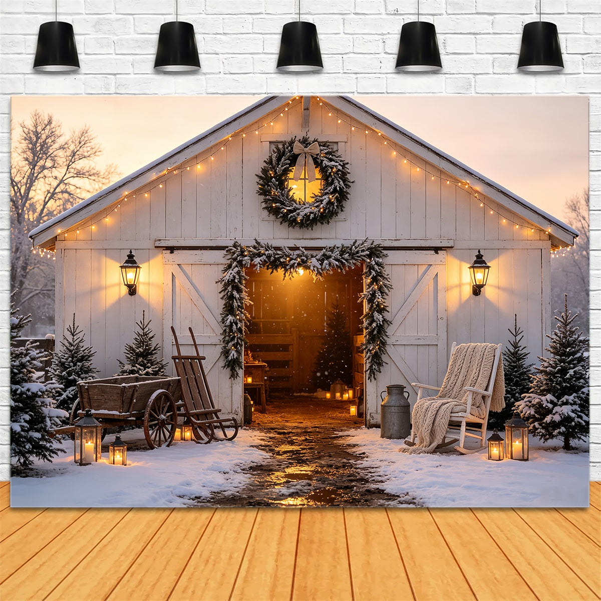 Weihnachts-Scheunentor-Hintergrund Winterliches Scheunenlaternenleuchten Weihnachtskulissen CSH68-62