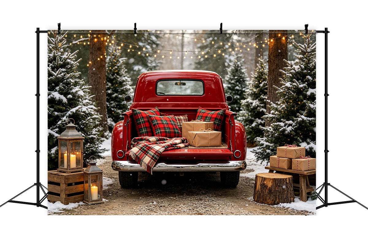 Weihnachtstruck-Hintergrund Roter Karierter Lkw-Wald Große Weihnachtskulisse CSH68-64