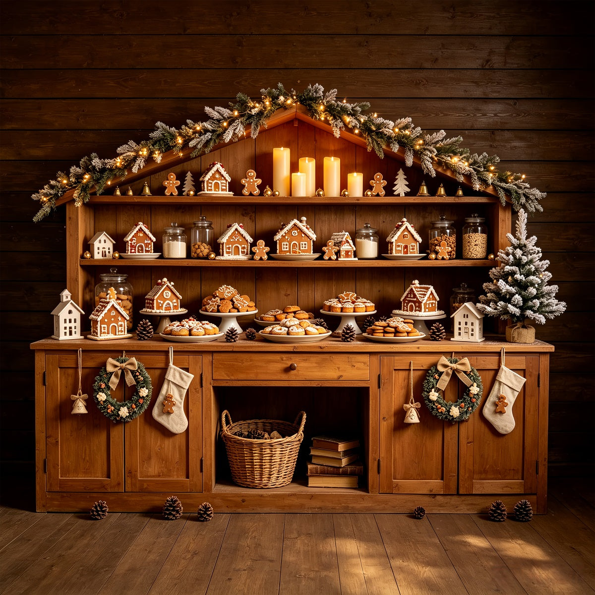 Weihnachtsbäckerei-Hintergrund Lebkuchenhaus-Regal Weihnachts-Fotohintergründe CSH68-69