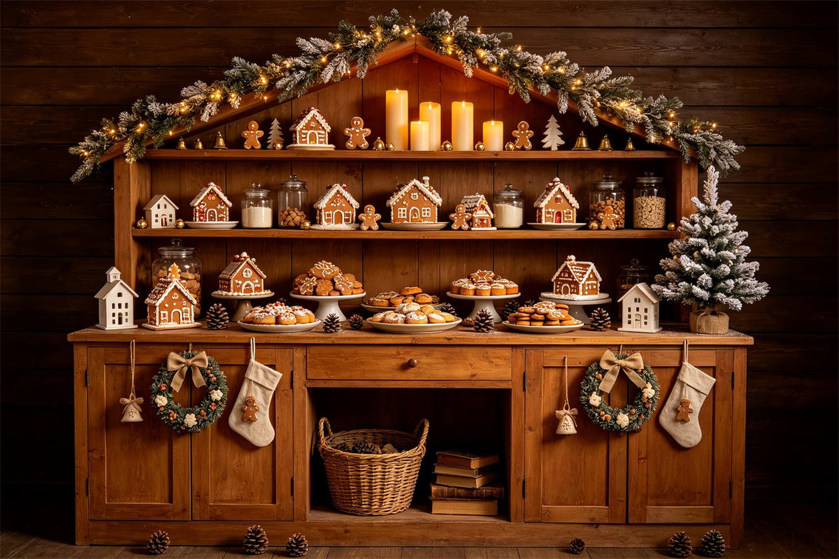 Weihnachtsbäckerei-Hintergrund Lebkuchenhaus-Regal Weihnachts-Fotohintergründe CSH68-69