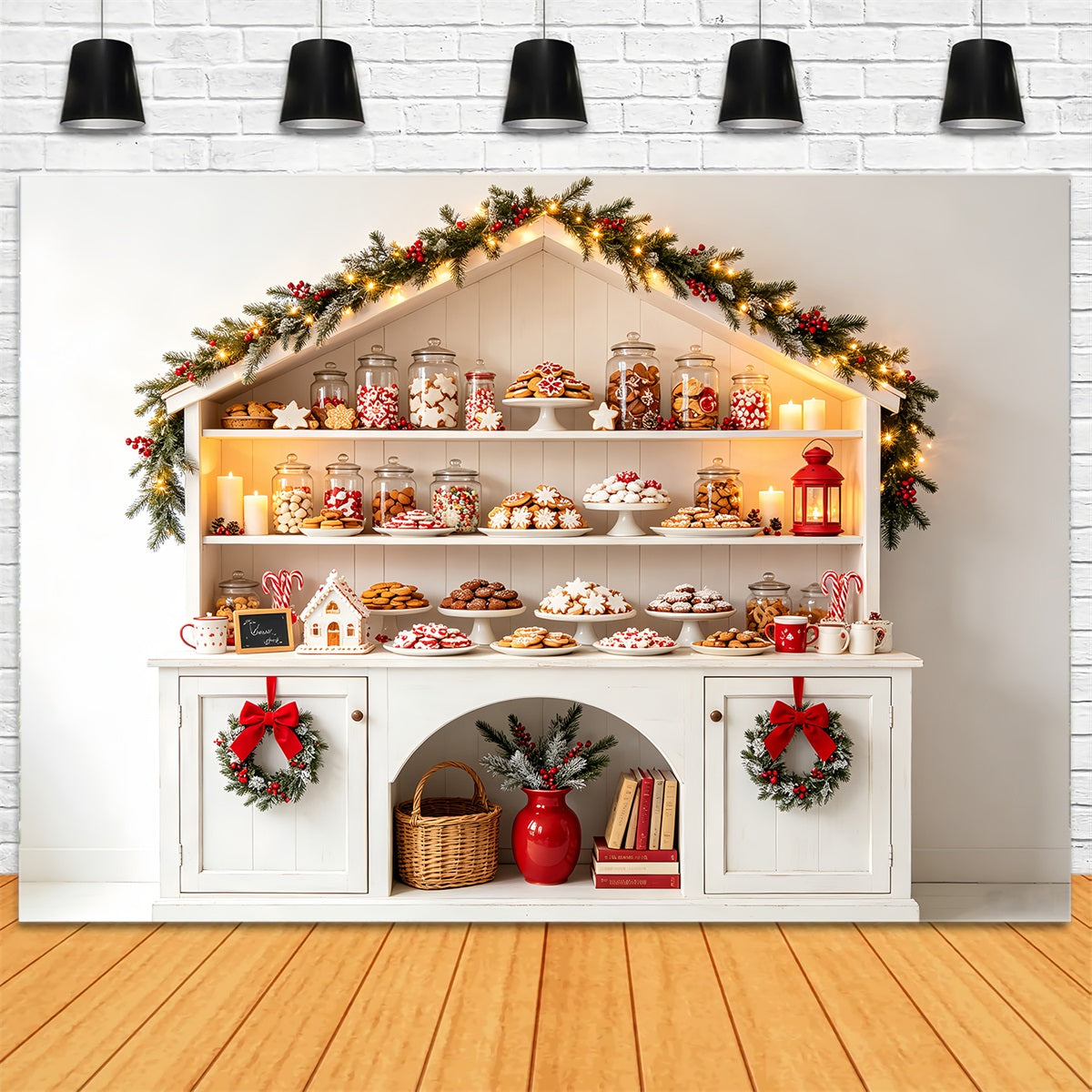 Weihnachtsbäckerei-Hintergrund Regal Für Weißes Bonbon-Cottage Weihnachtsstudio-Hintergrund CSH68-70
