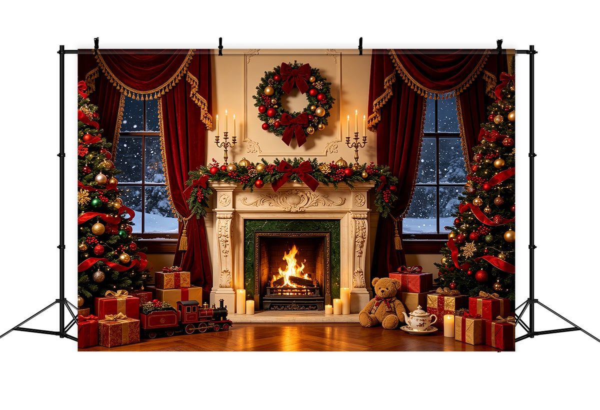 Weihnachtskamin-Hintergrund Luxuriöse Fensterdekoration Mit Bändern Weihnachtsfotohintergrund CSH68-71