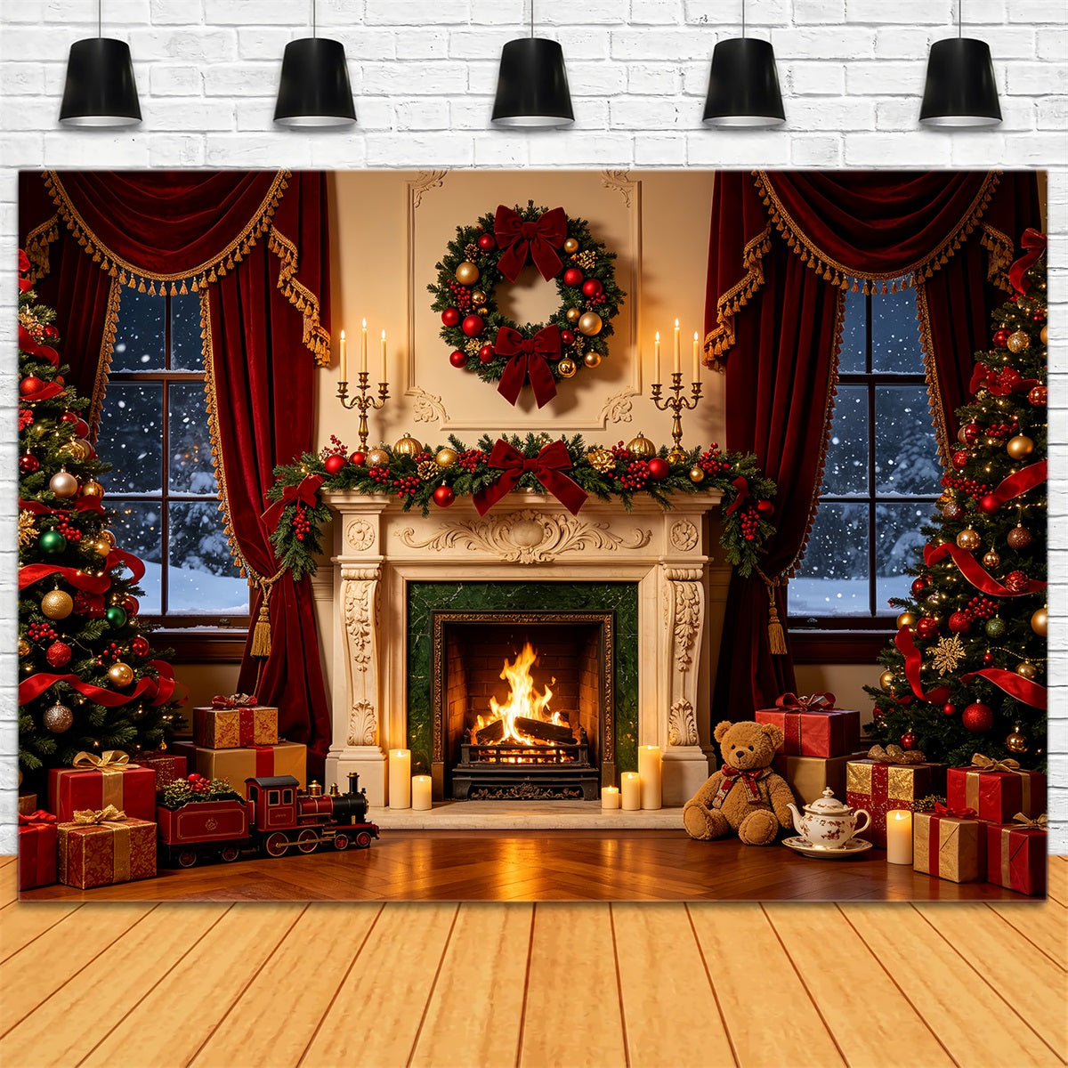 Weihnachtskamin-Hintergrund Luxuriöse Fensterdekoration Mit Bändern Weihnachtsfotohintergrund CSH68-71