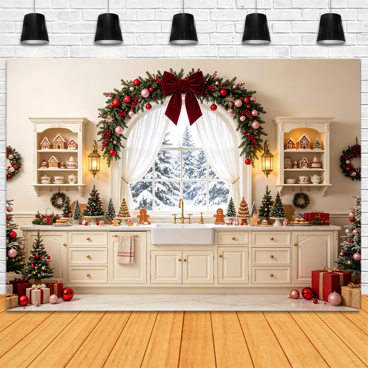 Weihnachtsküchen-Hintergrund Schneebedeckter Kamingirlande Weihnachts-Studiohintergründe CSH68-76