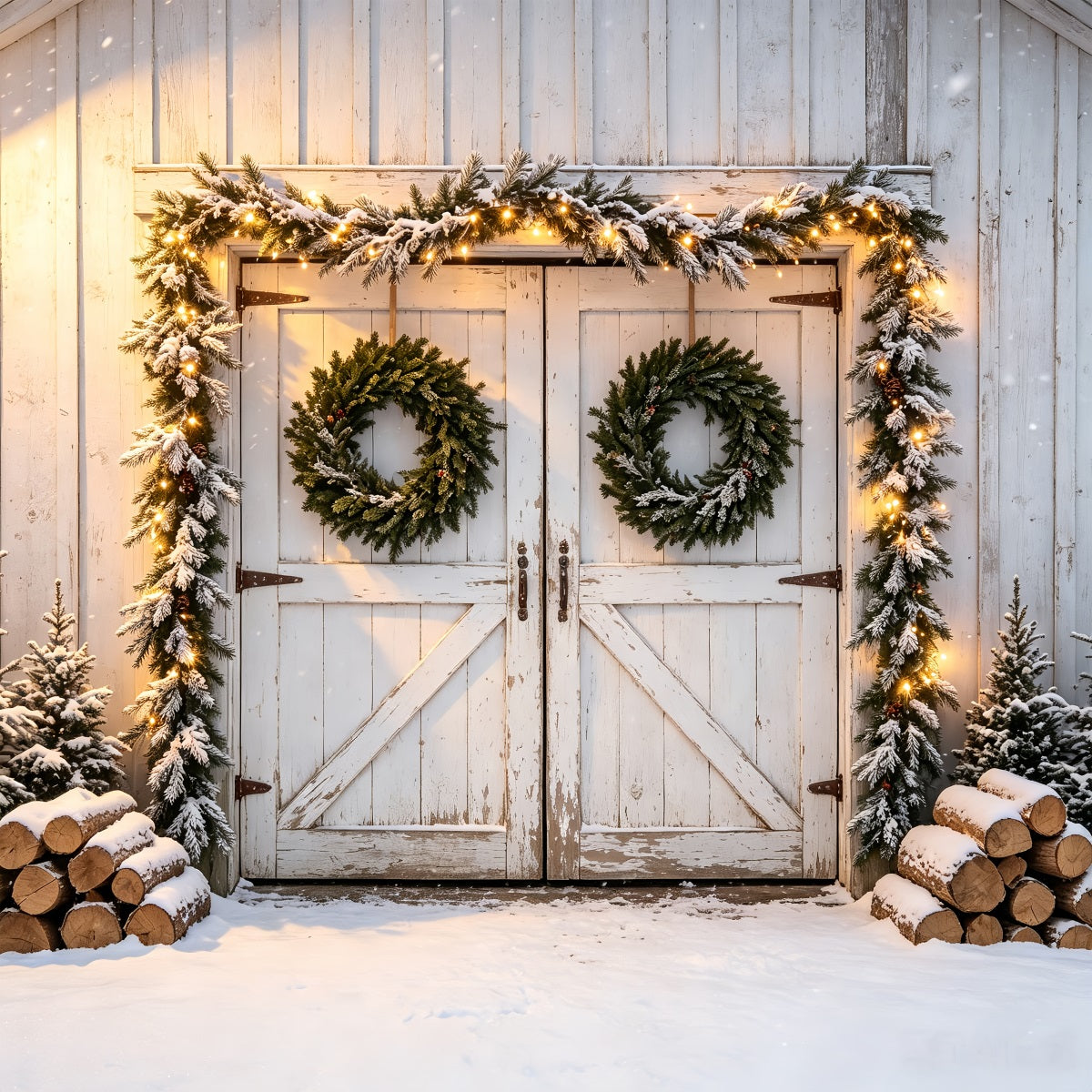 Weihnachtskulisse Mit Scheunentor Schneebedeckte Scheunentor-Girlande Weihnachtswand-Hintergrund CSH68-79