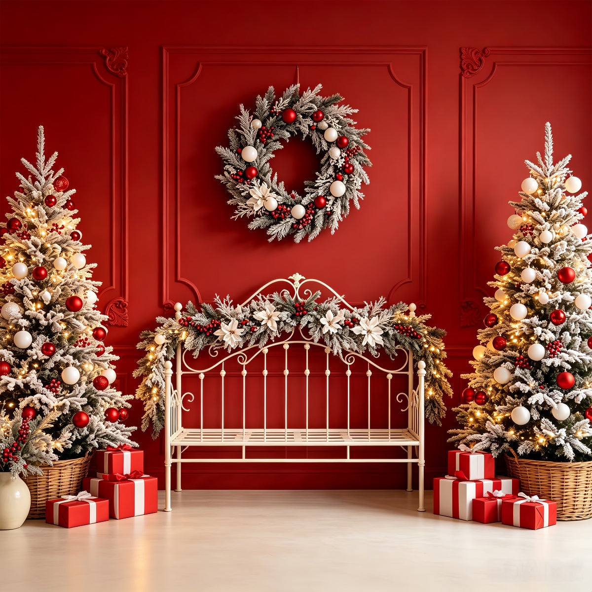 Weihnachtskopfteil-Hintergrund Rote Bank, Bereifte Bäume Weihnachts-Musselin-Hintergrund CSH68-80