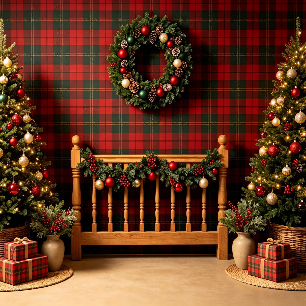 Weihnachtskopfteil-Hintergrund Weihnachtsdeko Im Karomuster Fürs Schlafzimmer Weihnachts-Fotohintergründe CSH68-92
