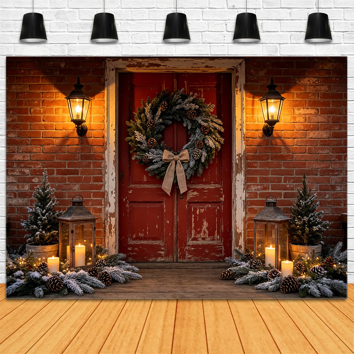 Weihnachtshaus-Kulisse Eingang Mit Ziegelsteintür Und Kranz Weihnachtswand-Hintergrund CSH68-99