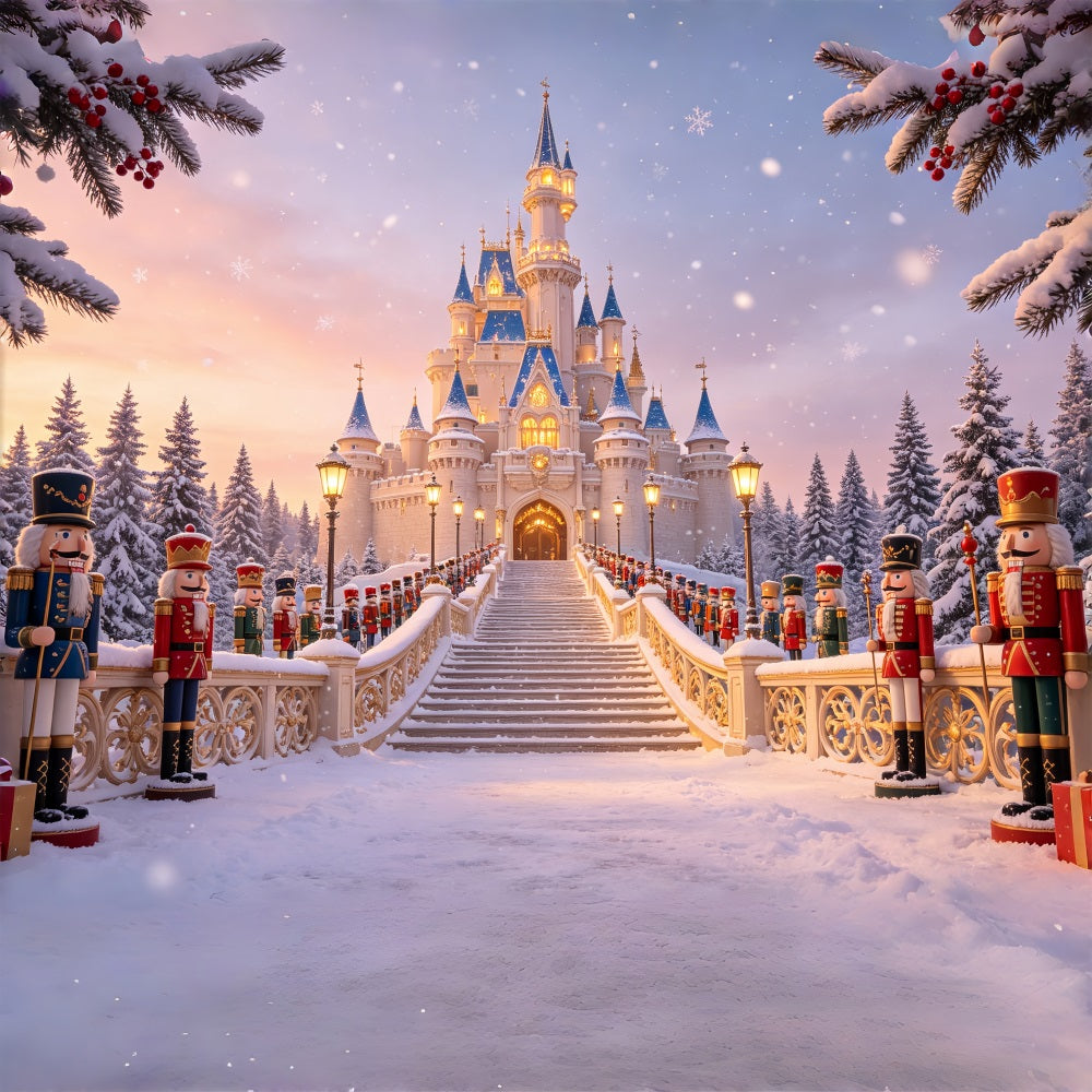Weihnachts-Nussknacker-Hintergrund Eingang Zum Schloss Im Verschneiten Wald Studiohintergründe Weihnachten CSH69-10