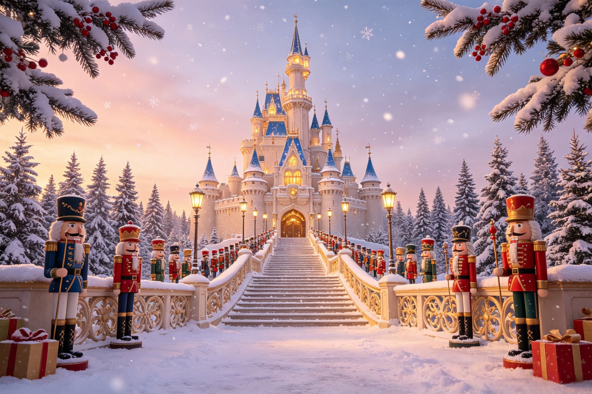 Weihnachts-Nussknacker-Hintergrund Eingang Zum Schloss Im Verschneiten Wald Studiohintergründe Weihnachten CSH69-10