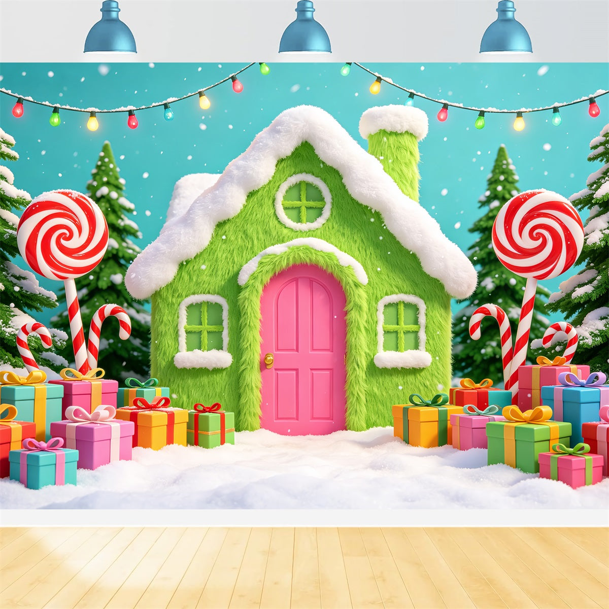 Lebkuchenhaus-Hintergründe Green Candy Cottage Geschenke Rosa Weihnachtshintergrund CSH69-102