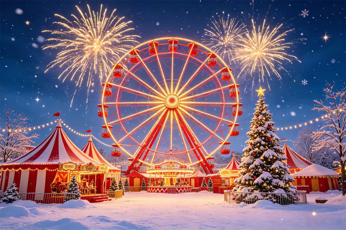 Weihnachtskulisse Für Partys Feuerwerk Am Verschneiten Riesenrad Weihnachtsfeier-Hintergrund CSH69-105