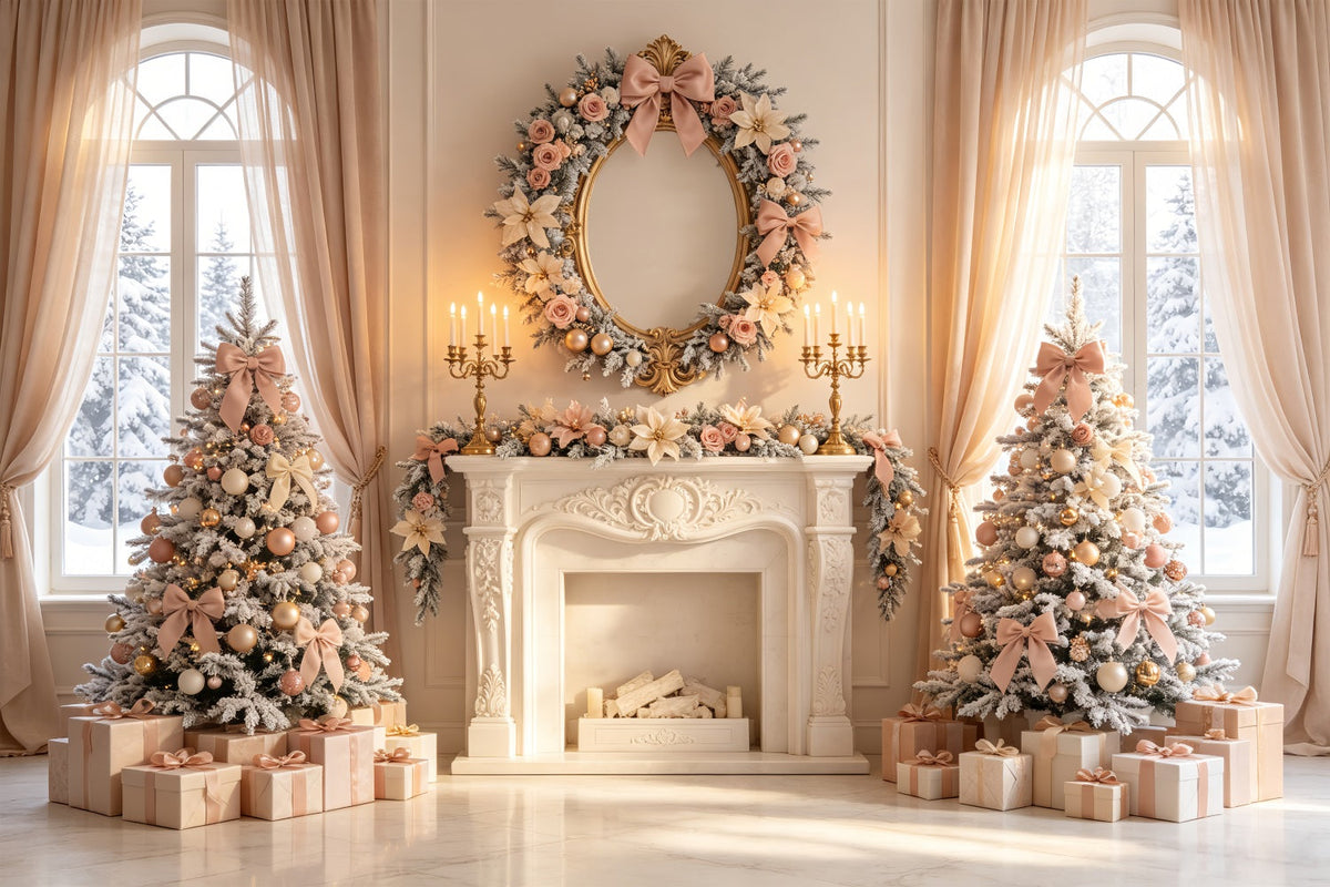 Elegante Weihnachtskulisse Kamindekoration Mit Rosafarbenem Blumenmuster Weihnachtsfotohintergrund CSH69-11