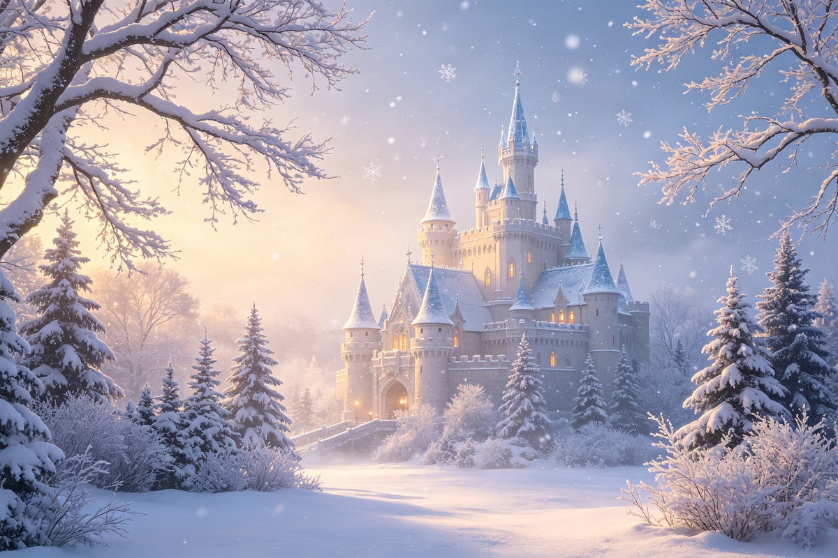 Weihnachtswunderland-Kulisse Schneebedecktes Schloss Winterwald Weihnachts-Studiohintergründe CSH69-13