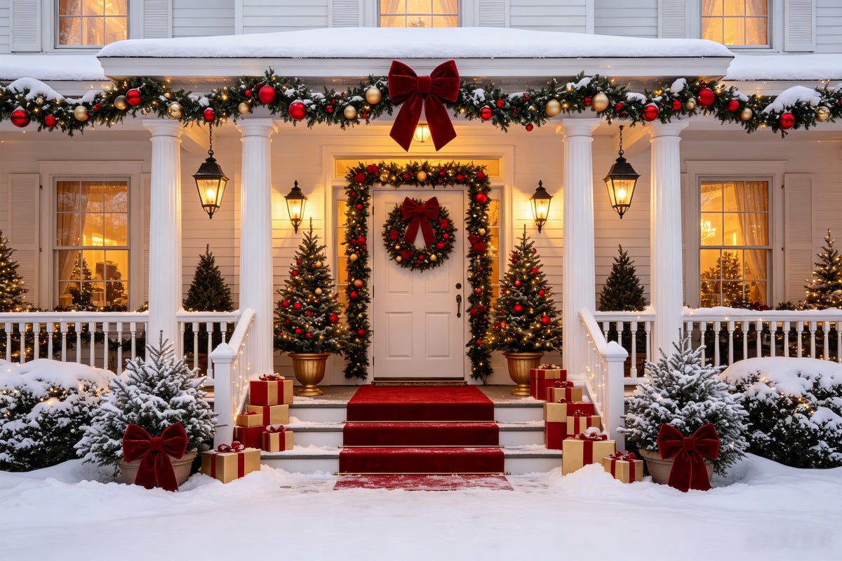 Weihnachtshaus-Kulisse Eleganter, Schneebedeckter Verandaeingang Weihnachtswand-Hintergrund CSH69-16