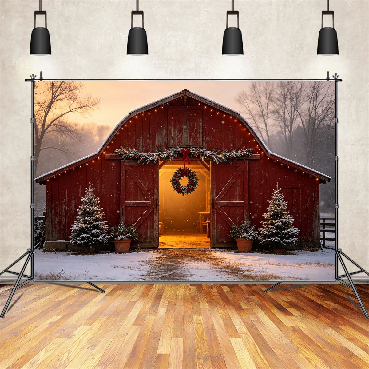 Weihnachtsbauernhof-Kulisse Eingang Zur Schneeweißen Roten Scheune Weihnachts-Musselin-Hintergrund CSH69-17