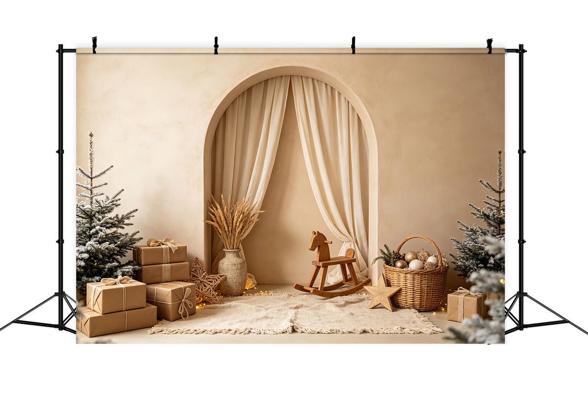 Boho-Weihnachtskulisse Schaukelpferd Mit Neutralem Bogen Weihnachtshintergründe CSH69-2
