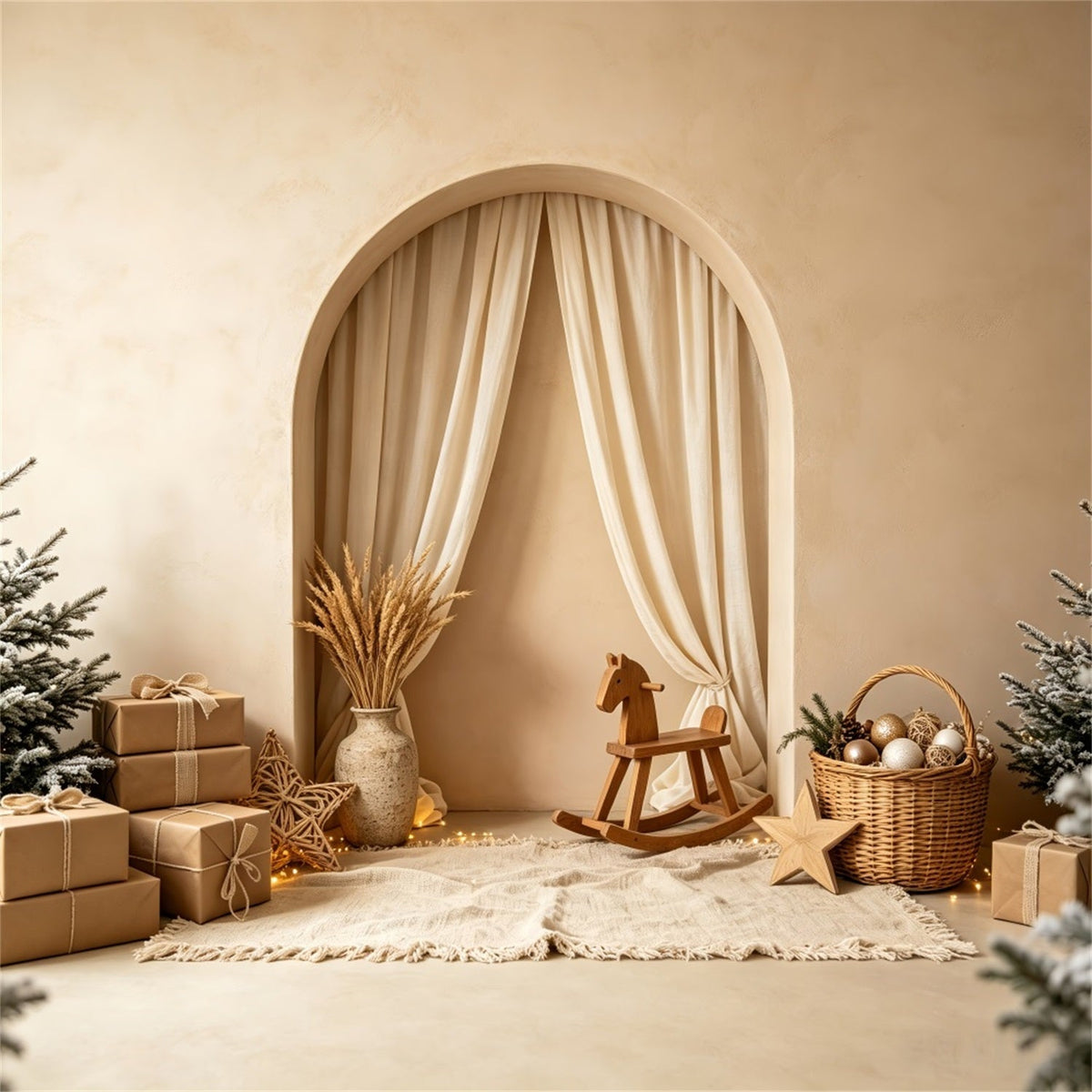 Boho-Weihnachtskulisse Schaukelpferd Mit Neutralem Bogen Weihnachtshintergründe CSH69-2