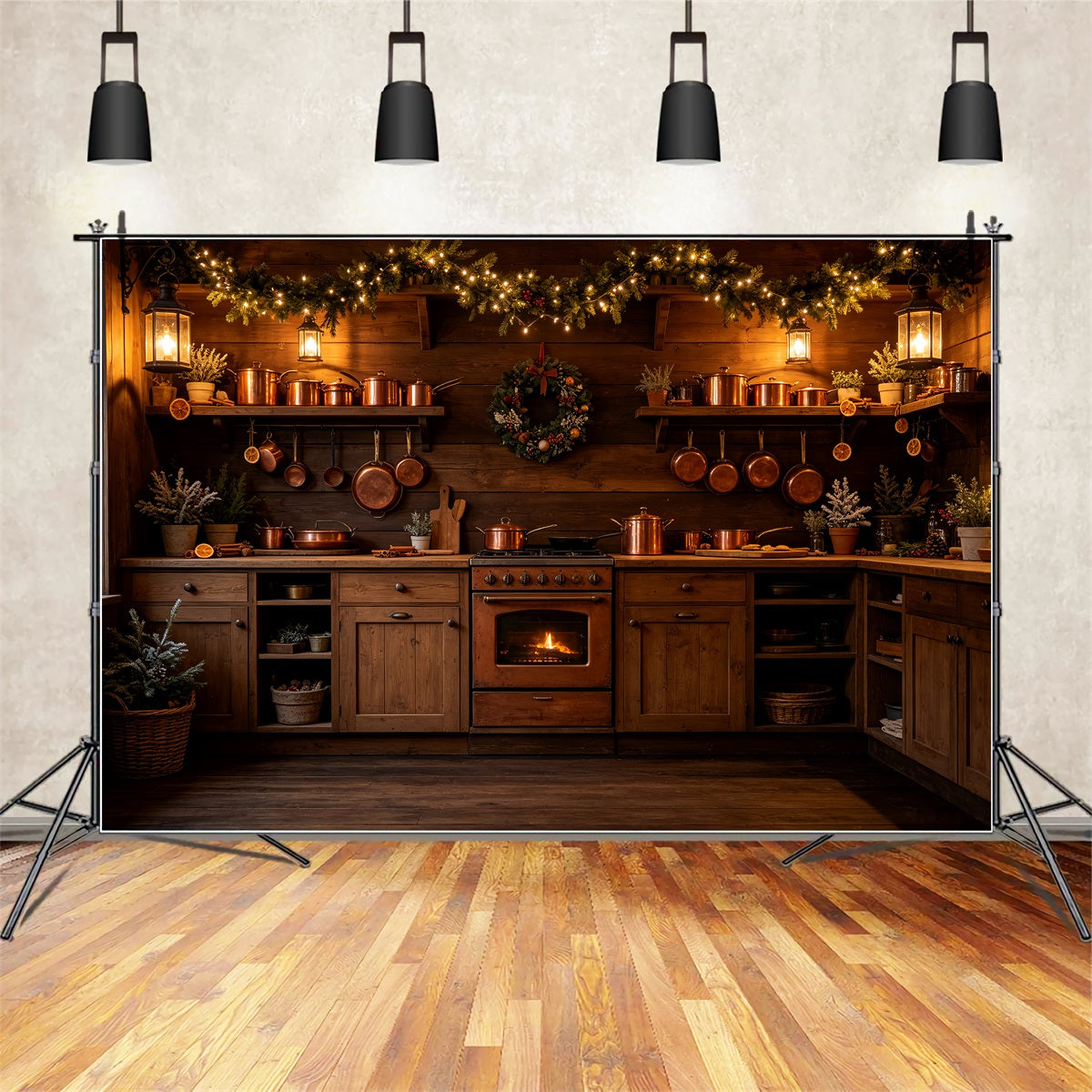 Weihnachtsküchen-Hintergrund Rustikale Kupferleuchten Für Den Kamin Weihnachtswand-Hintergrund CSH69-21