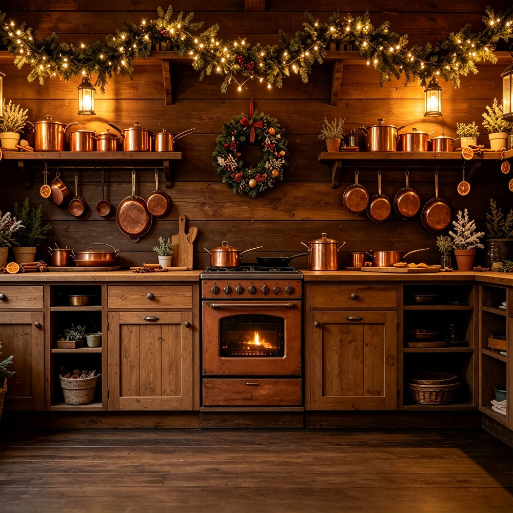 Weihnachtsküchen-Hintergrund Rustikale Kupferleuchten Für Den Kamin Weihnachtswand-Hintergrund CSH69-21