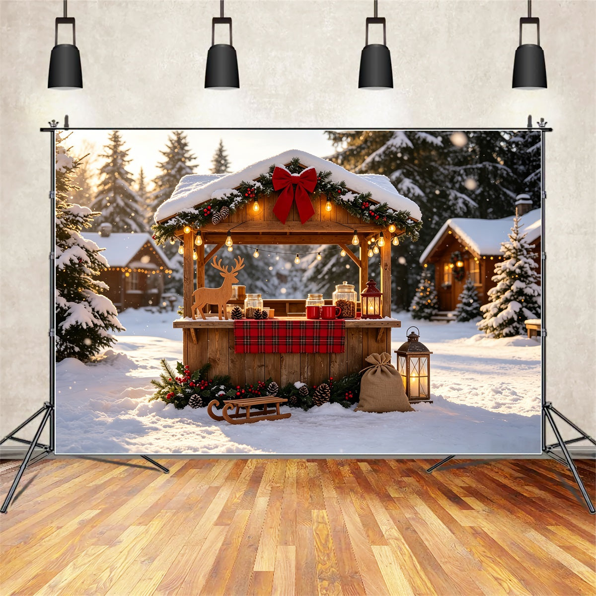 Verschneite Weihnachtskulisse Rustikaler Wintermarktstand Weihnachtskulissen CSH69-27
