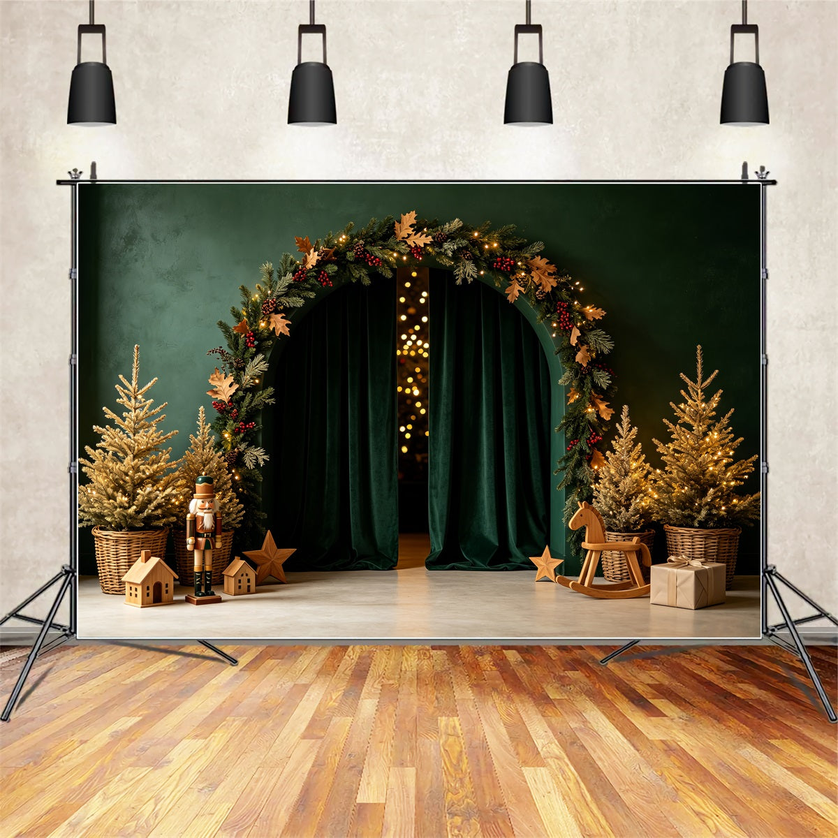 Grüne Weihnachtskulisse Smaragdgrüner Bogen Nussknacker-Dekor Weihnachtshintergrund Für Fotografie CSH69-3