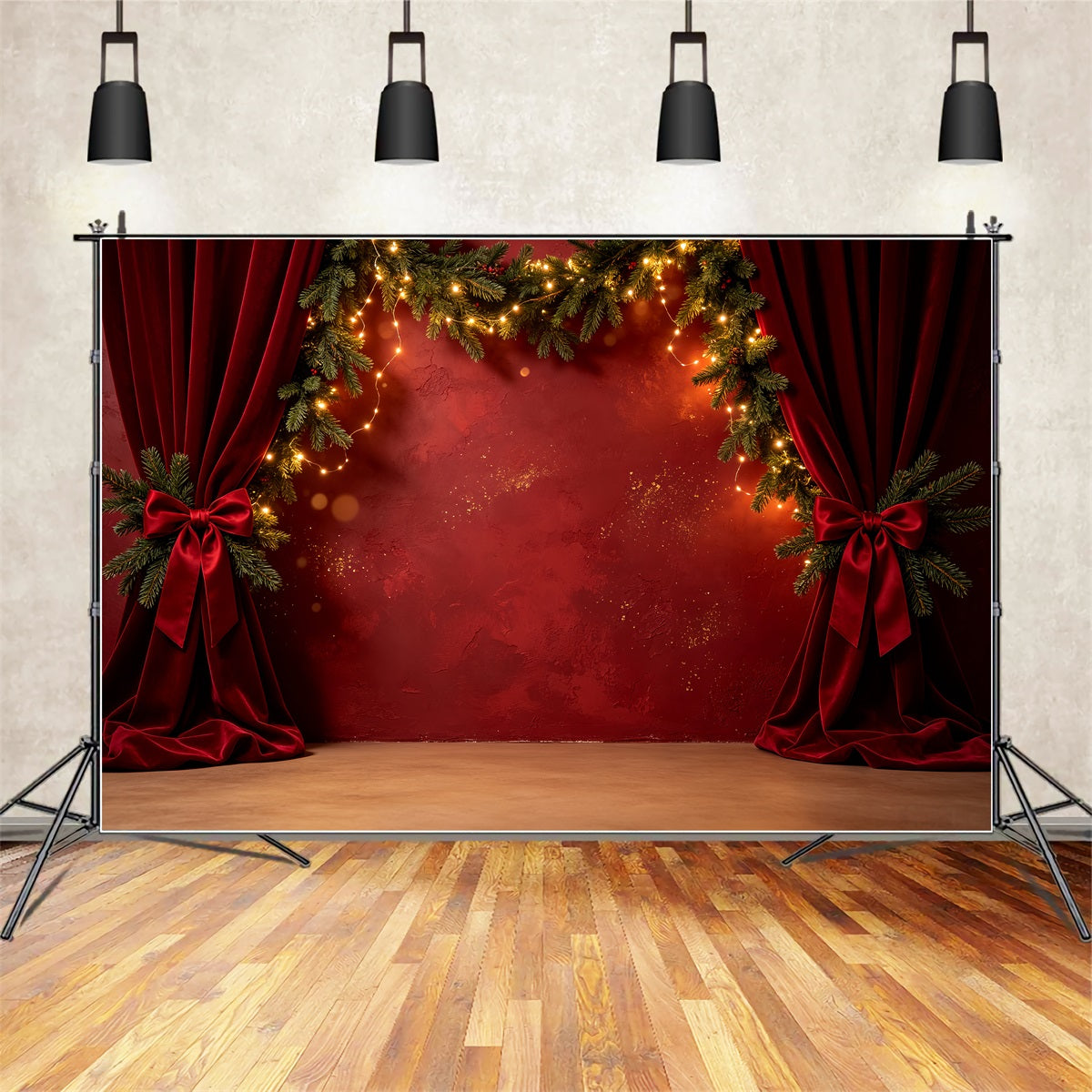 Weihnachtswand-Hintergrund Bühne Mit Rotem Samtgirlanden Weihnachts-Fotografie-Hintergründe CSH69-33