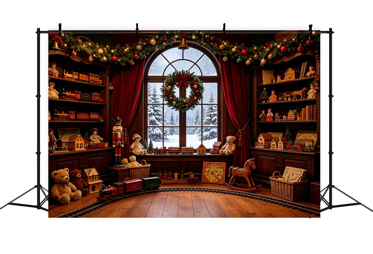 Vintage-Weihnachtskulisse Fenster Zum Spielzeugeisenbahnzimmer Große Weihnachtskulissen CSH69-35