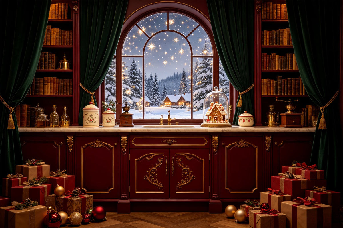 Weihnachtsnacht-Hintergrund Schneebedeckte Hütte Fensterspeisekammer Weihnachts-Fotohintergründe CSH69-37
