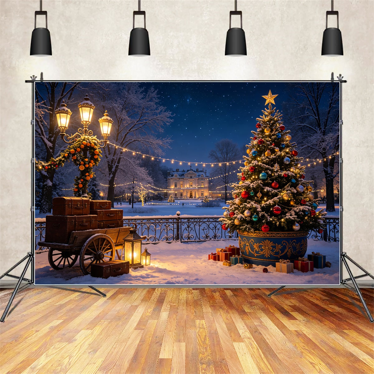 Winterliche Weihnachtskulisse Grand Estate Baumwagen Weihnachtshintergründe CSH69-39