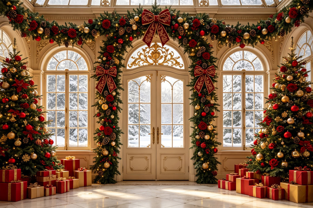 Weihnachts-Wohnzimmer-Hintergrund Rosengirlanden-Grand-Eingang Weihnachts-Wandhintergründe CSH69-43