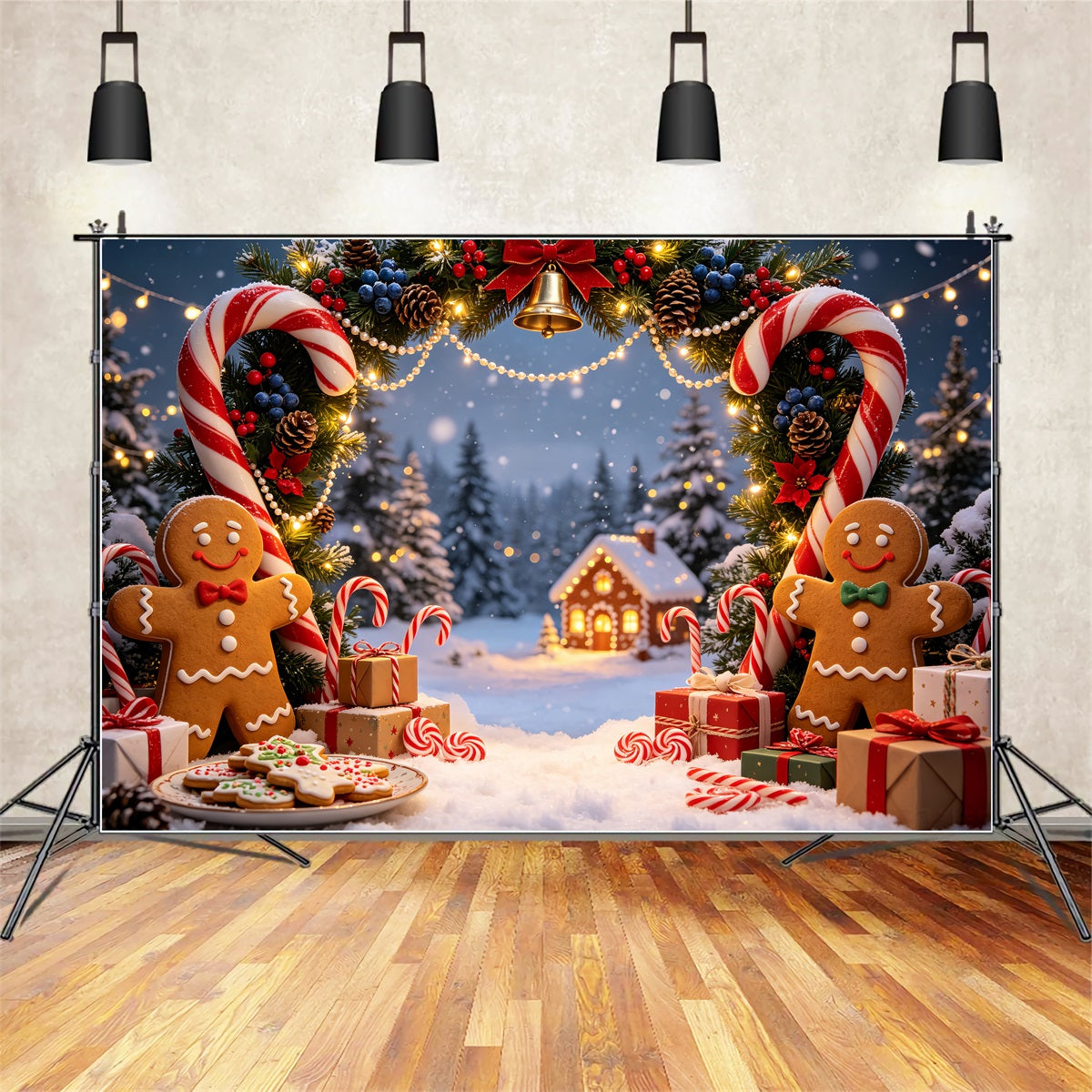 Lebkuchen-Weihnachtskulisse Zuckerstangenbogen Im Dorf Weihnachtsstudio-Hintergrund CSH69-44