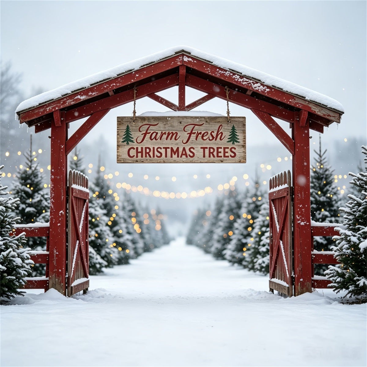 Kulisse Für Eine Weihnachtsbaumfarm Tor Der Snowy Tree Farm Weihnachtsfotohintergrund CSH69-48