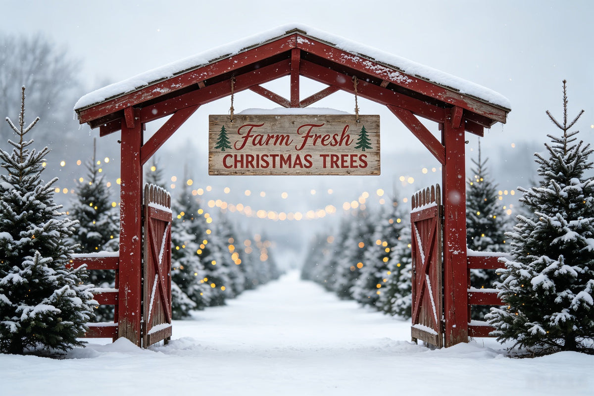 Kulisse Für Eine Weihnachtsbaumfarm Tor Der Snowy Tree Farm Weihnachtsfotohintergrund CSH69-48