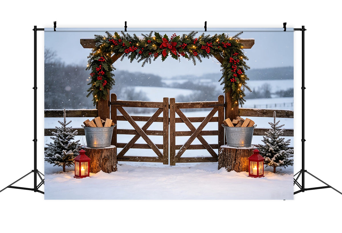 Ländliche Weihnachtskulisse Snowy Garland Farm Gate Weihnachts-Fotohintergründe CSH69-49
