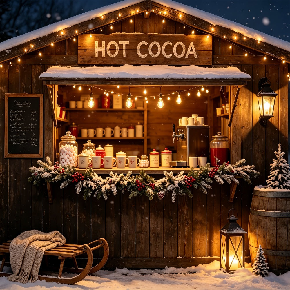 Weihnachtsladen-Hintergrund Rustikaler Stand Für Heiße Schokolade Weihnachts-Fotohintergründe CSH69-5