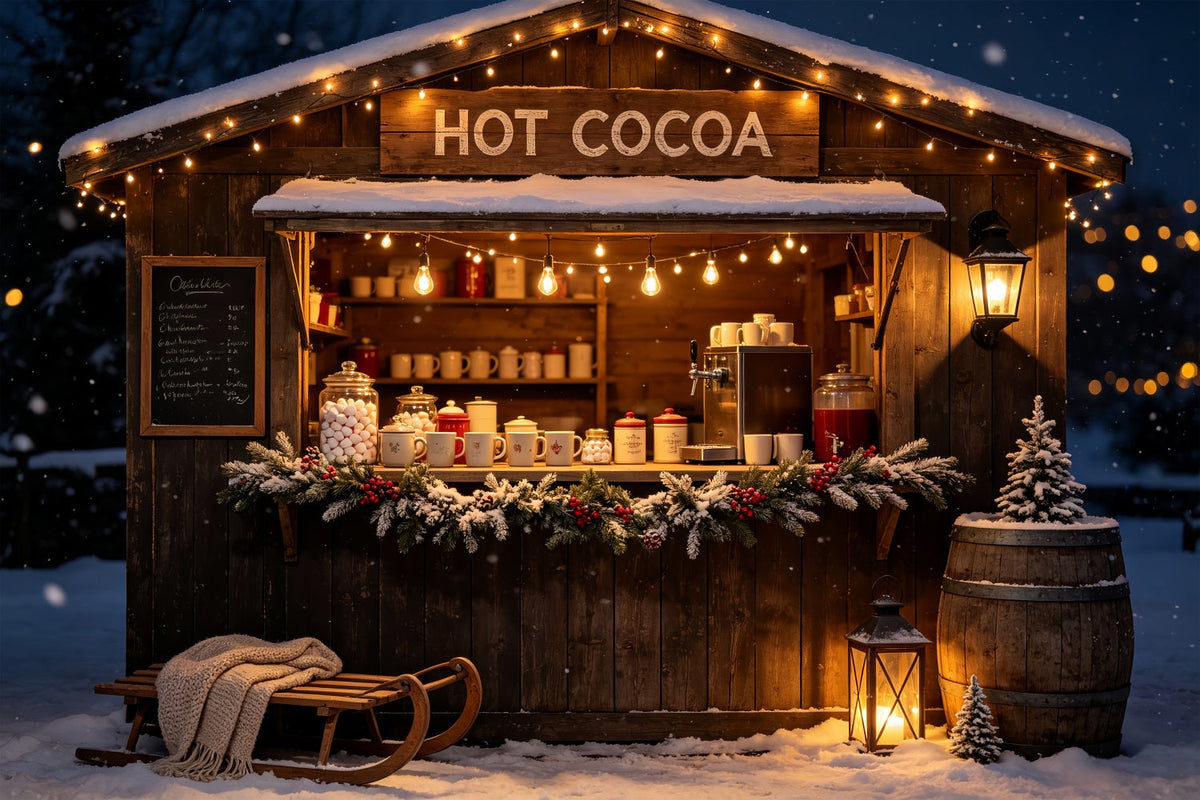 Weihnachtsladen-Hintergrund Rustikaler Stand Für Heiße Schokolade Weihnachts-Fotohintergründe CSH69-5