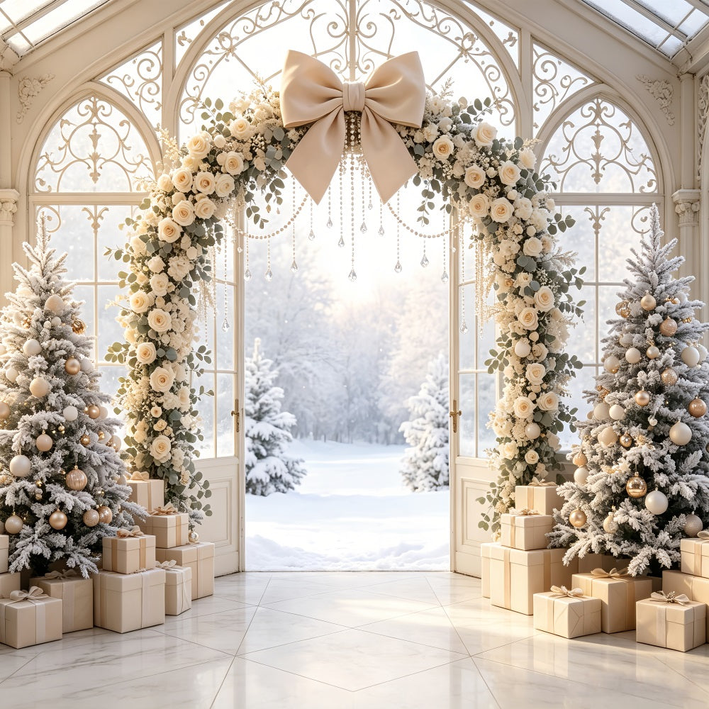 Verschneite Weihnachtskulisse Elfenbeinfarbener Blumenbogen Studio-Weihnachtskulissen CSH69-52