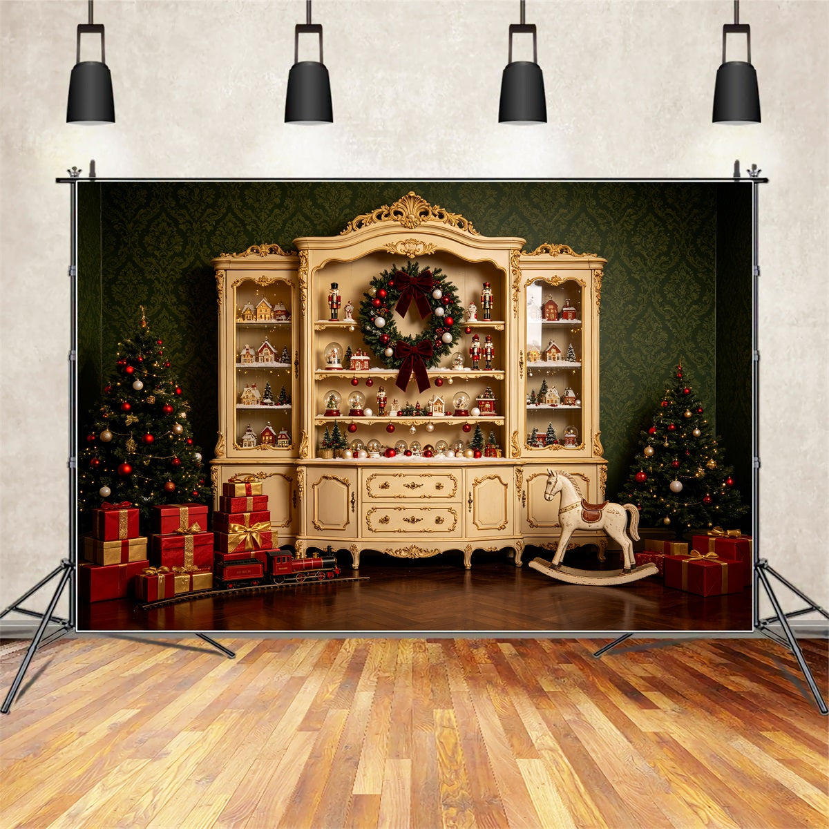 Rustikale Weihnachtskulisse Vintage-Dorf-Schrankdisplay Weihnachtswand-Hintergrund CSH69-53