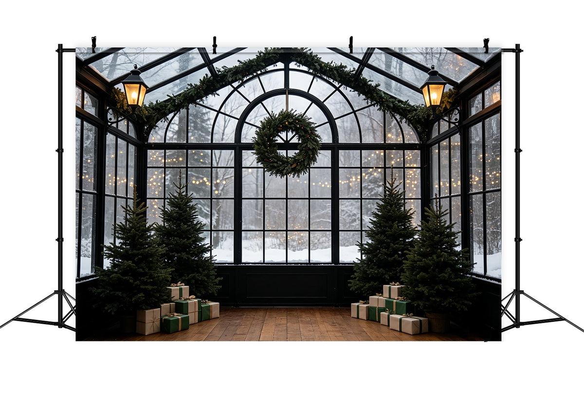 Weihnachtsgrün-Hintergrund Schneebedeckter Wintergarten-Kranzbogen Weihnachtliche Indoor-Hintergrundkulisse CSH69-55