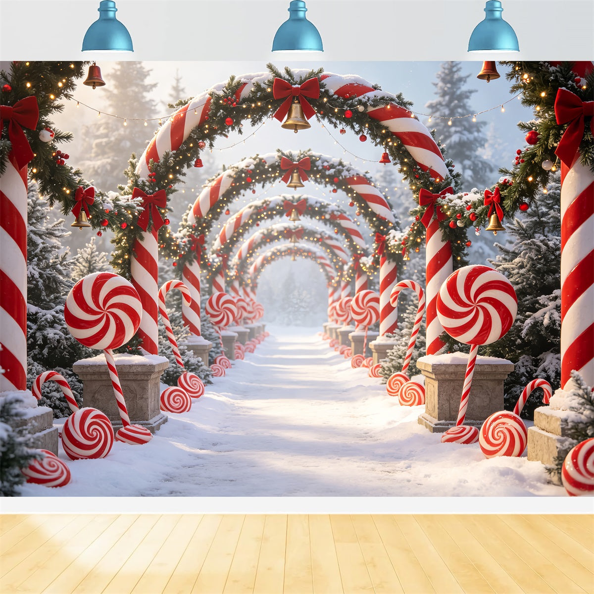 Hintergrund Zuckerstangengasse Weg Durch Den Verschneiten Waldbogen 3D-Weihnachtshintergrund CSH69-59
