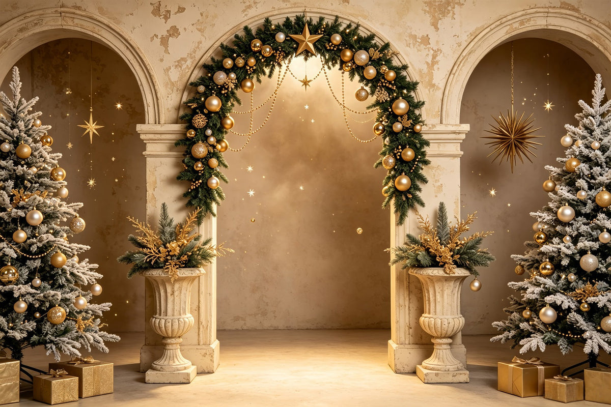 Weihnachtsfoto-Hintergrund Goldener Torbogen-Baumschmuck Weihnachtliche Hintergründe Für Die Fotografie CSH69-66