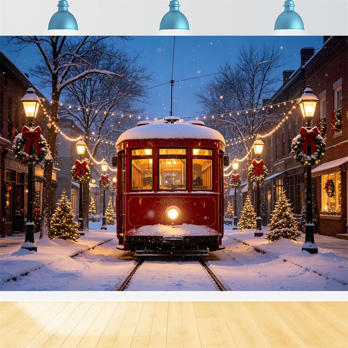Weihnachtsdorf-Hintergründe Historische Straßenbahn Snowy Street Kulisse Für Das Weihnachtsdorf CSH69-68