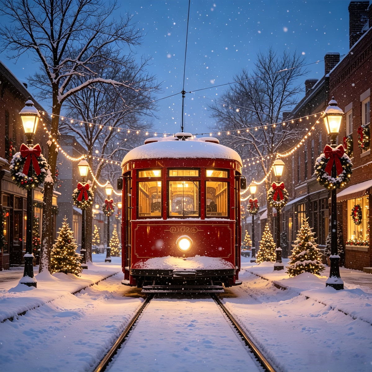 Weihnachtsdorf-Hintergründe Historische Straßenbahn Snowy Street Kulisse Für Das Weihnachtsdorf CSH69-68